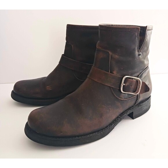 FRYE Veronica Ankle Bootie Dk Brown Distressed Leather Moto Buckle Strap 8.5 - Picture 4 of 14